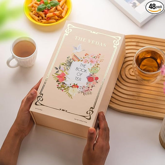 The Vedas Book Of Tea Gift Set | Assorted Tea Bags Gift Box | Christmas Gift | 12 Exotic Herbal Tea Blends In Handcrafted Cotton Bags | Net 48 bags | Gift for mom