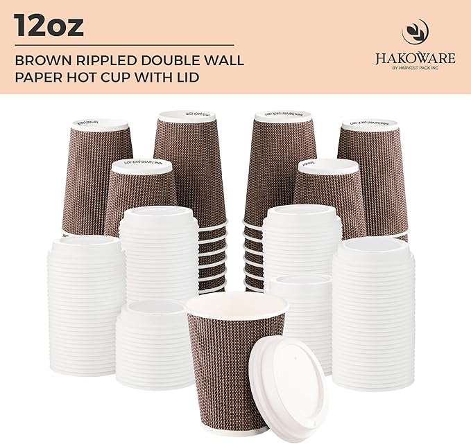[1000 SET]Harvest Pack 12 oz Disposable Coffee Cups, Insulated Ripple Double-Walled Paper Cups with White Lids, Brown Geometric, Leak-Proof Drinking Cups for Tea Hot Chocolate Drinks To go coffee cups