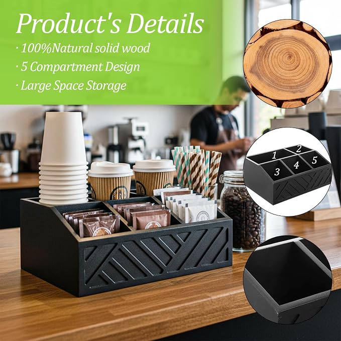 Kifmurase Black Coffee Station Organizer for Counter, Wood Coffee Pods Holder Storage Basket with 5 Compartments, Coffe and Tea Condiment Basket Storage Organizer, Farmhouse Bar Accessories Decor - Image 3