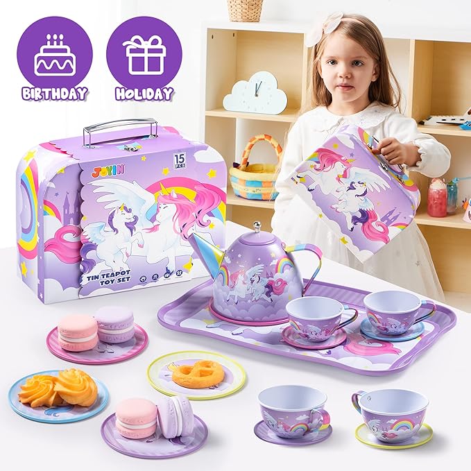 JOYIN Unicorn Tea Party Set for Little Girls, Pretend Purple Tin Teapot Set, Princess Tea Time Play Kitchen Toy with Teapot, Cup, Plate, Carrying Case for Kids Toddler Age 3+, Birthday Gifts