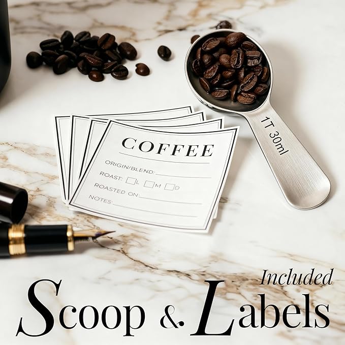 STYLED SETTINGS Vacuum Coffee Container Set – 2 Piece Coffee Jars with Lids for Beans or Grounds, White and Gold Stainless Steel Storage Canisters, Scoop & Labels Included – Coffee Gift Set