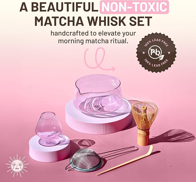 Matcha Whisk Set, 5-Piece Matcha Bowl and Whisk Kit with Bamboo Scoop, Glass Matcha Bowl, Holder, and Sieve – Handmade Borosilicate Glass (Rose Petal Pink)