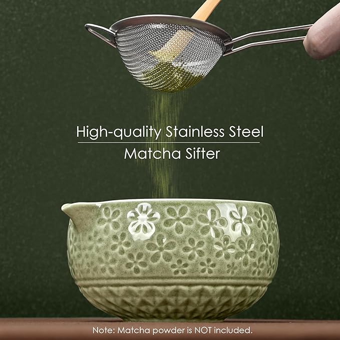 7Pcs Matcha Whisk Set, Matcha Set Whisk and Bowl,Bamboo Scoop, Scoop Rest, Sifter and Tea Towel, Matcha Kit W/Carved Cherry Blossm Pattern for Matcha Lovers (Sakura Green)