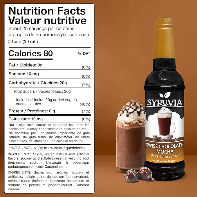 Syruvia Swiss Chocolate Mocha Syrup - 25.4 fl oz Premium Coffee Flavoring Syrup - Kosher Coffee Syrups, Gluten Free, No Coloring, Perfect for Drinks, Soda, Shakes, Desserts, and More With Pump
