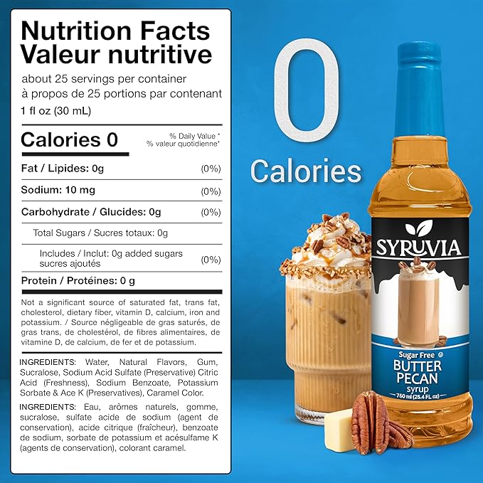 Syruvia Sugar Free Coffee Syrup, Butter Pecan Flavored Syrup for Drinks, Lattes, and Desserts – 25.4 fl oz