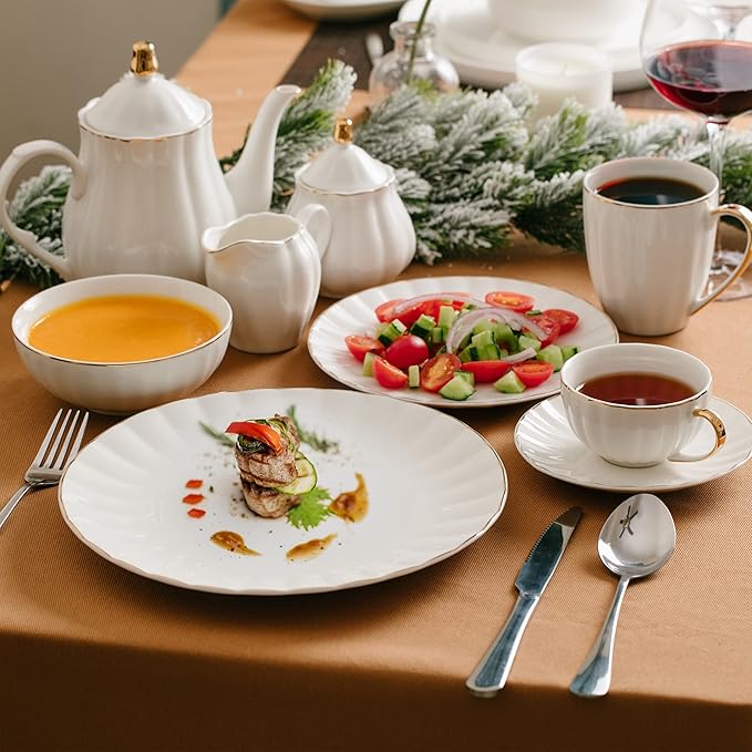 BTaT- Cappuccino Cups with Saucers 7 oz, Set of 6, White Porcelain Coffee Cup and Saucer Set for Latte with Golden Trim Design, Dishwasher Safe, Mocha, Tea, Au Lait, Flat White