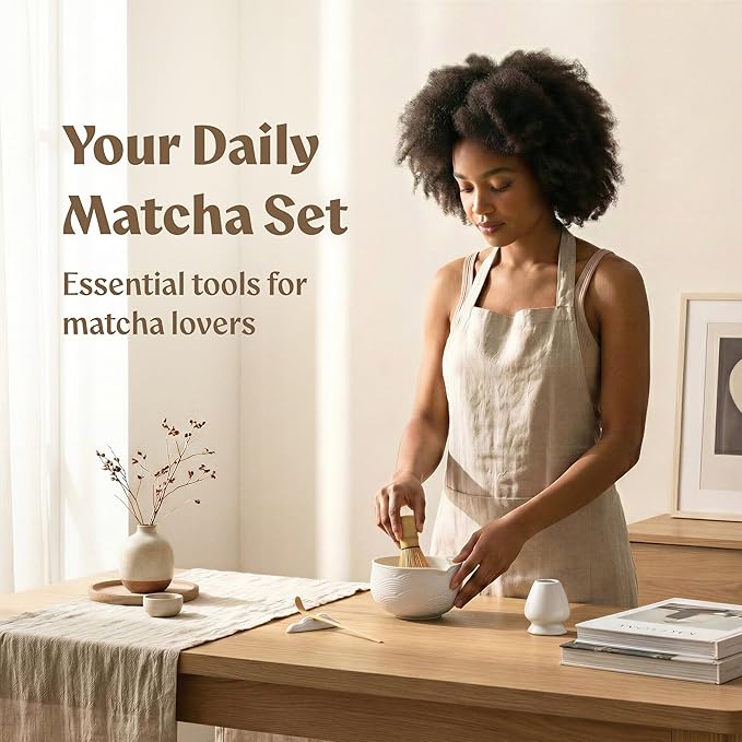 Matcha Kit Whisk Set (7 Pcs) - Complete Matcha Set, Matcha Bowl with with Bowl, Whisk and Holder, Bamboo Spoon/Scoop, Scoop Rester and Sifter incl. Booklet
