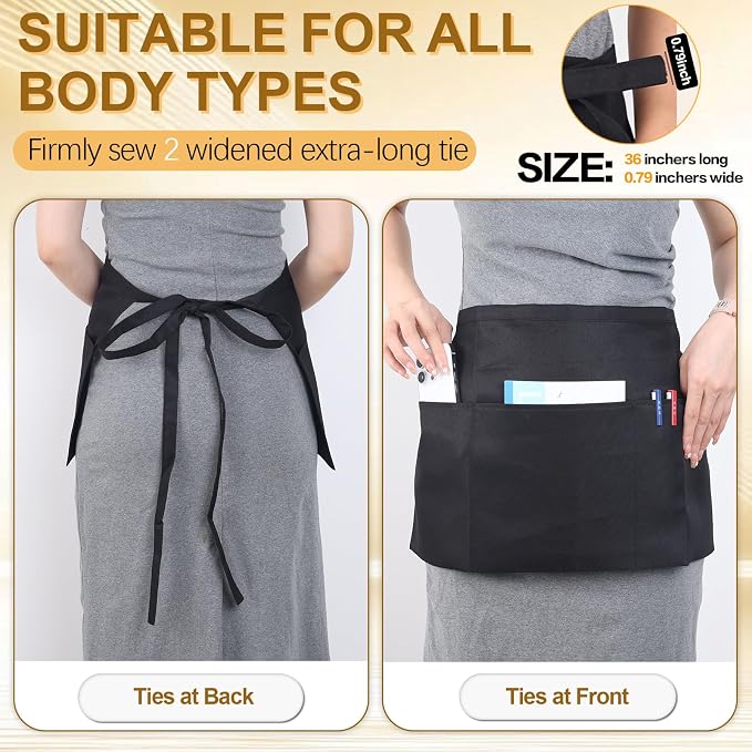 mwellewm 10 Packs Server Apron with 3 Pockets, Black Serving Half Waitress Apron for Women and Men, Widened and Extended Waist Strap Reinforced Seams Water and Stain Resistant for Book Phone - Image 4
