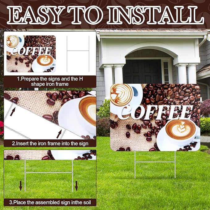 AceOrbit 3 Pcs 12"x16" Coffee Yard Signs with H Ground Stake for Coffee Station Waterproof Business Advertising Sign for Cafe Bar Restaurant Cafe Shop Dining Room Garden Decoration