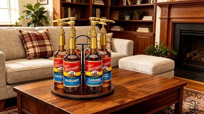 Rotating Coffee Syrup Organizer - Wooden Turntable Rack Holds 6 Bottles, Countertop Bar Station Display Stand for Coffee Syrups, Wine, and Large Bottles
