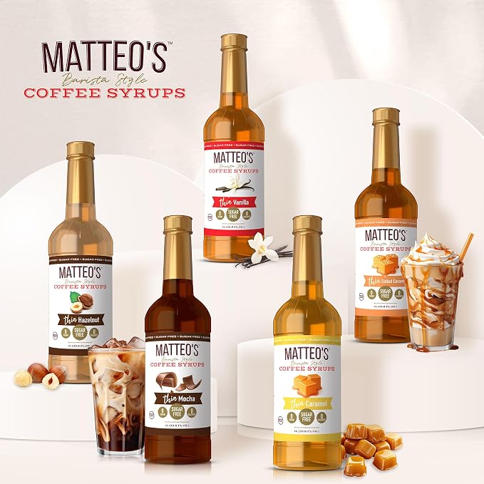Matteo's Barista Style Sugar-Free Coffee Syrup, 6 Flavour Variety Pack, Zero Calories and Sugar, Keto-Friendly Coffee Syrups, Delicious Flavoured Coffee Syrup - 33.8 oz Syrup Bottles - Image 5