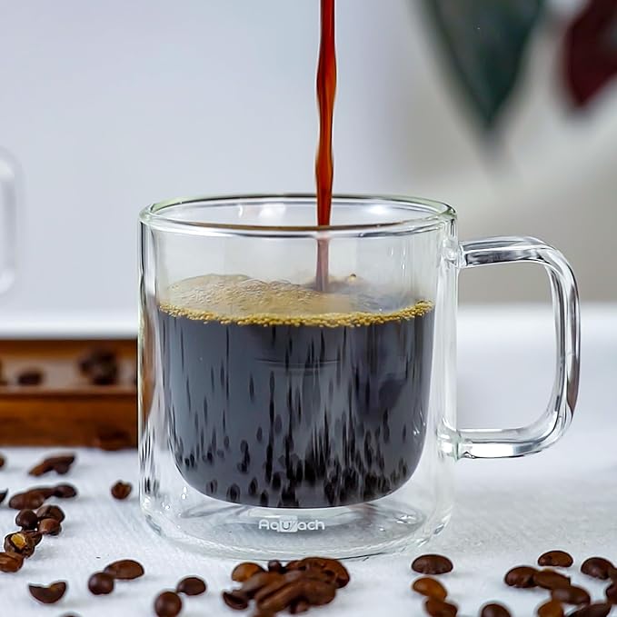 Aquach 2-Pack Double Walled Insulated 8oz Glass Coffee Mugs with Handle - Ideal for Espresso, Latte, Americano, and Cappuccino