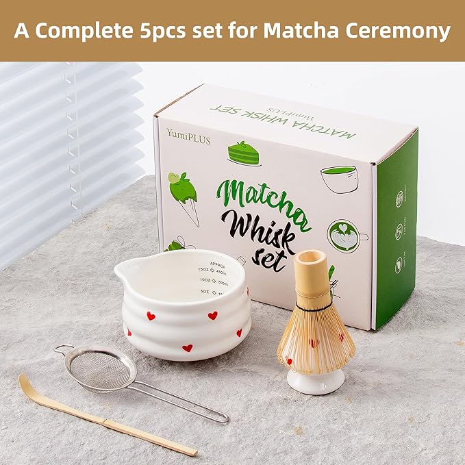 5pcs Premium Matcha Set,Ceramic Bowl with Spout and Bamboo Whisk set, Hearts Matcha Kit for breakfast/latte,Tea Starter Making Kit,Valentine Matcha Gift set (love)