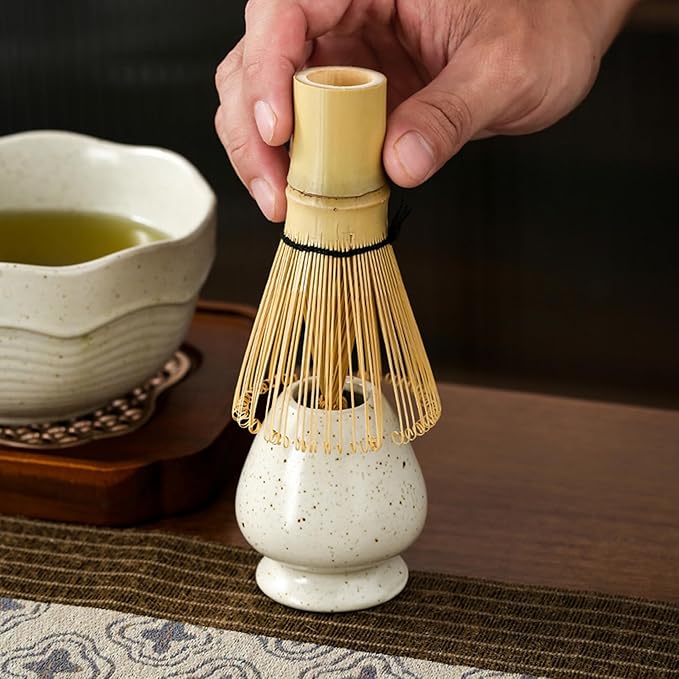 Matcha Bowl Set with Bamboo Whisk, Sifter & Scoop - Complete Ceramic Japanese Tea Ceremony Kit for Traditional Matcha Preparation (off-white with light brown speckled texture)