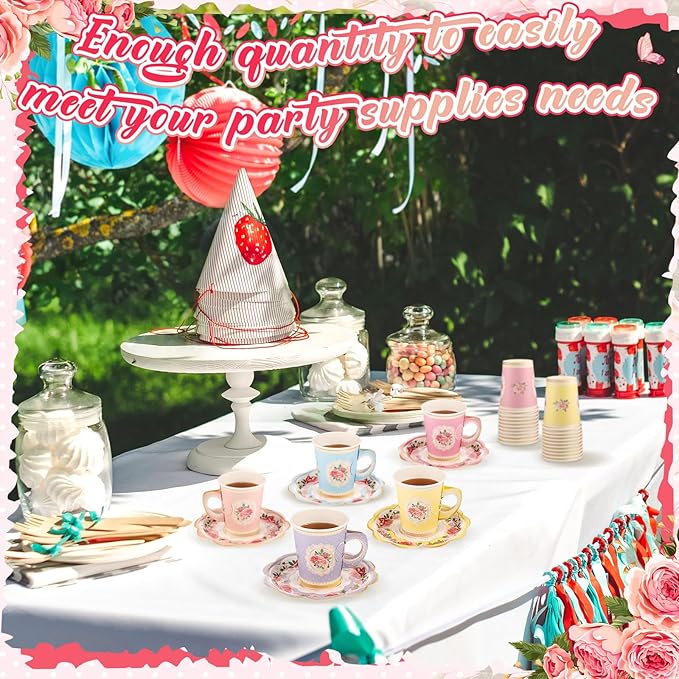 Domensi 60 Pieces Tea Party Decorations Include 30 Pcs 9 oz Paper Cups with Handle and 30 Pcs Tea Party Paper Plates Disposable Blossom Teacups and Saucers for wedding Favors(Bright Style)