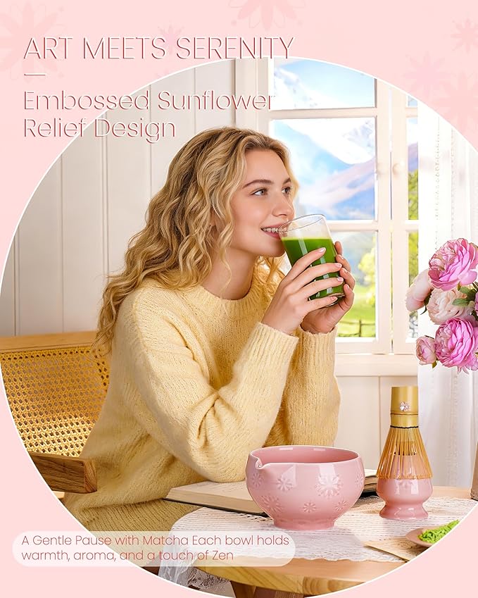 Matcha Whisk Set, 6pcs Matcha Set Includes Matcha Bowl with Spout, Bamboo Whisk & Scoop with Cute Charm, Chasen Holder, Innovative Sifter Handle, Tea Mat for Latte Making, Pale Pink