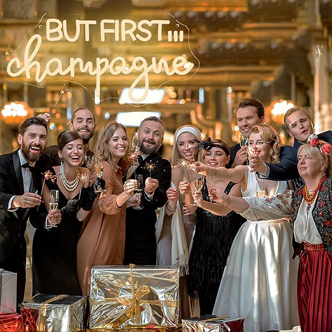 But First...Champagne Neon Sign – LED Wall Light for Champagne Wall, Party Backdrop, Bridal Shower, Bachelorette, Bar or Home Decor – Modern Pink Neon Aesthetic Sign (17 * 8 Inch)