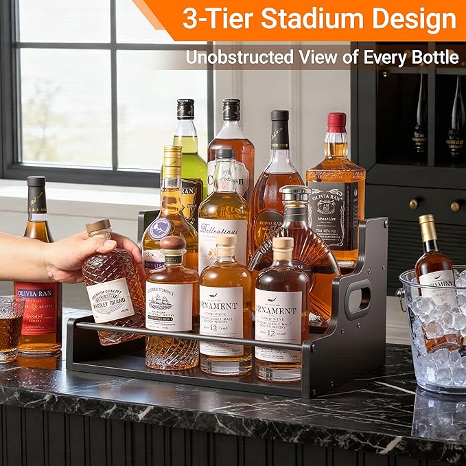 YQBRAO 3-Tier Liquor Bottle Display Shelf,Coffee Syrup Rack Organizer,Water Bottle Organizer, Mini Bar Cabinet, Rustic Bar Shelves for for Liquor Whiskey, Spirits（Black）