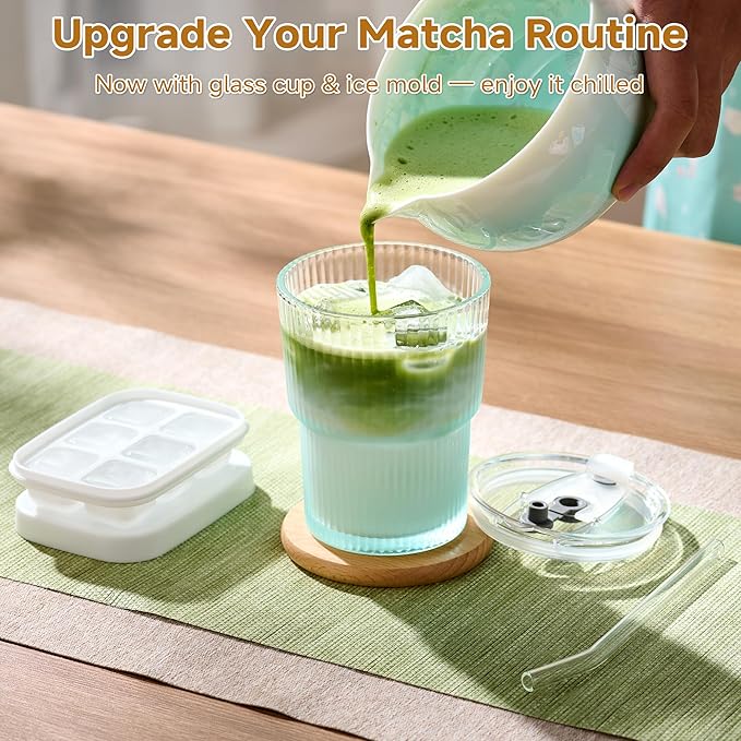 Matcha Whisk Set – Crystalline Glaze Bowl, Bamboo Whisk & Holder, Scoop & Sifter with Holder, Cup with Lid & Straw, Ice Cube Tray & Tea Towel – Blue Matcha Gift Set for Women, Women Gifts