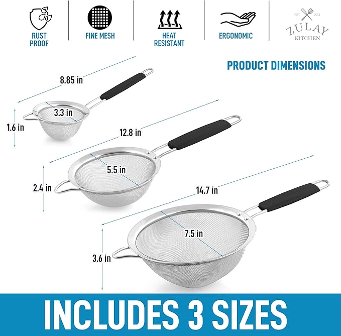 Zulay Kitchen Premium Stainless Steel Fine Mesh Strainer Set - Strainers For Kitchen (Set of 3) With Non-Slip Handles - Includes A Small, Medium & Large Fine Mesh Sieve Set - Durable Metal Strainer