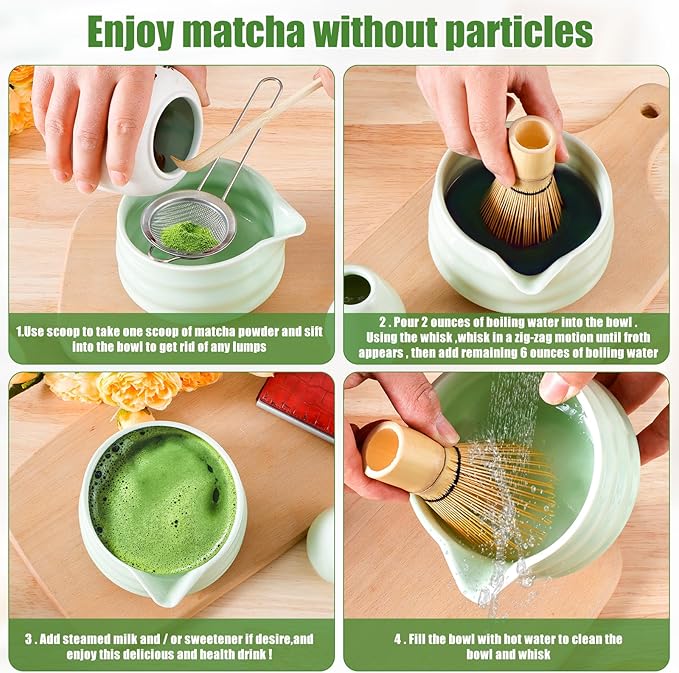 Matcha Whisk Set, 5 Pcs Matcha Set Whisk and Bowl with Spout, Matcha Whisk Holder, Matcha Spoon, Stainless Sifter, Perfect Matcha Kit for Matcha Lover (Green)
