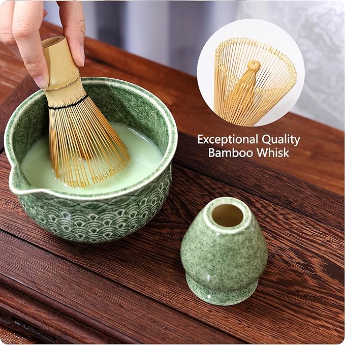 7 Pcs Matcha Whisk Set, Ceremony Matcha Kit with Matcha Bowl, Bamboo Whisk and Holder, Scoop and Scoop Rest, Sifter and Tea Towel, Gift for Matcha Lovers (Mottled Green/Wave-Patterned)