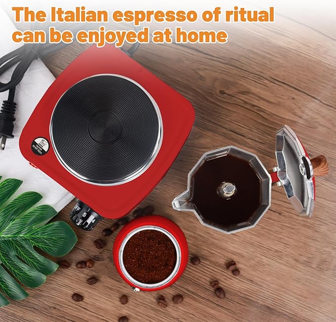 2-in-1 Aluminum Moka Pot Set with Electric Stove Classic Stovetop Espresso Coffee Maker 150ml 5oz Mocha Express Portable Camping Travel Preferred Cafe Makers Italian Cuban Café Brewing 3 Cup