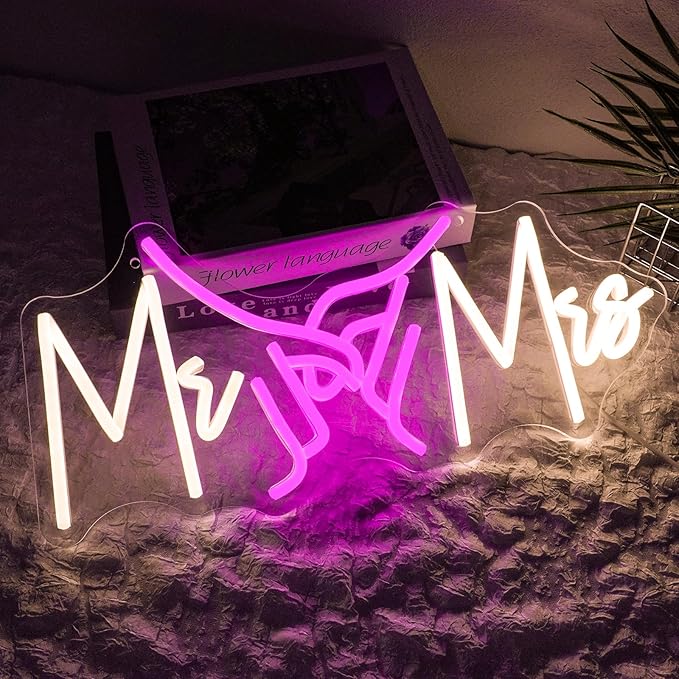 Mr and Mrs Neon Sign Dimmable for Wedding Decor Hand in Hand Neon Light Sign Mr & Miss Led Signs for Bridal Shower Anniversary Party Engagement Valentines Day Gift 16.5" x 7.8"