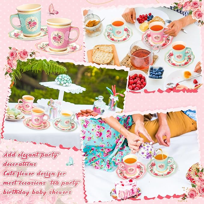 Tioncy 100 Pcs Tea Party Decorations Include 50 Pieces 9 oz Paper Tea Cups with Handle and 50 Plates Disposable Teacups and Saucers Sets for Birthday(Pink and Blue Floral)