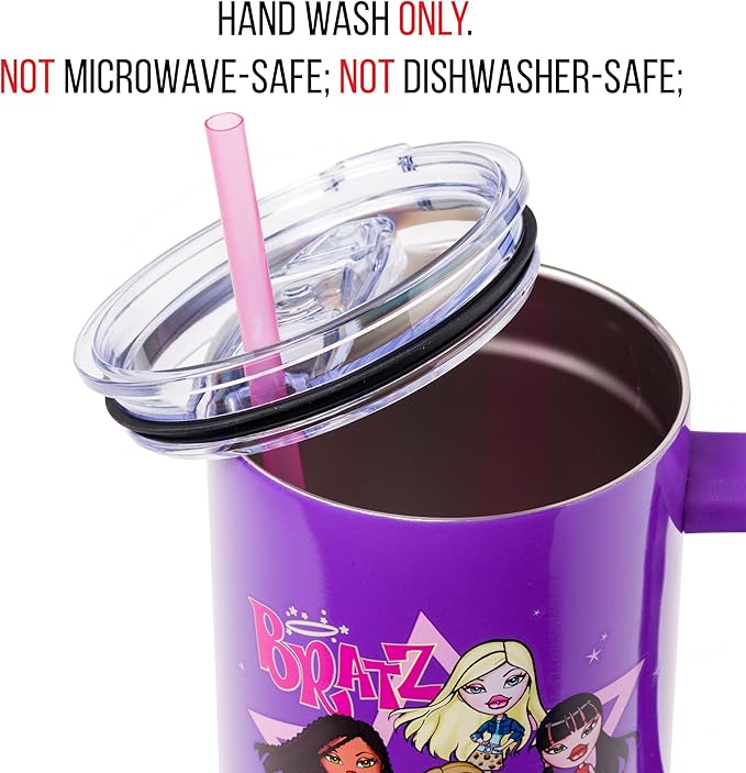 Silver Buffalo Bratz Featuring Cloe, Yasmin, Jade, and Sasha Double Walled Stainless Steel Tumbler with Handle and Straw, Fits in Standard Cup Holder, 40 Ounces