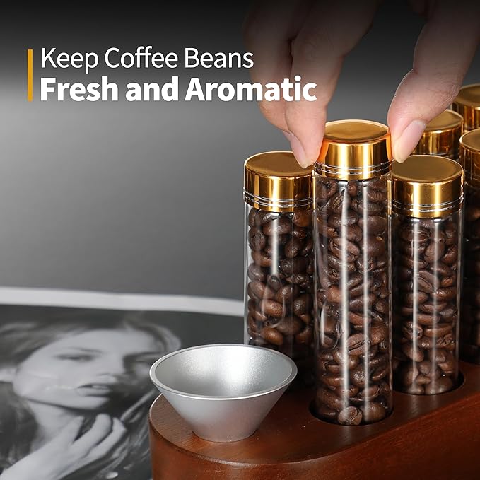 Coffee Bean Container, Single Dose Coffee Bean Storage,10PCS Coffee bean cellar container with wooden stand and funnel coffee spoon.(rose gold lids)