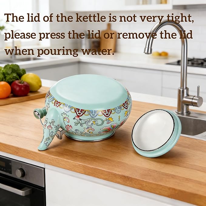 2.6 Quart Floral Enamel Tea Kettle, Vintage Enameled Teapot Stovetop, Enamel on Steel Water Coffee Tea Pot with Ceramic Handle, Colorful Hot Water Kettle for Home Kitchen Decor, No Whistling