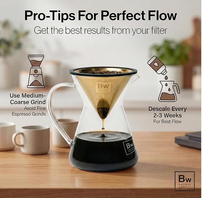 Barista Warrior Reusable Coffee Filter - Stainless Steel Pour Over Dripper, Compatible for Chemex, Hario V60 & Drippers, Easy to Clean Flavorful Brew Fine Mesh Coffee Filter - Gold Titanium Coated
