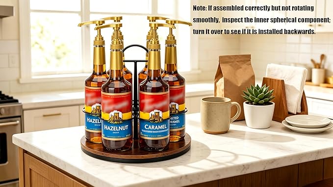 Rotating Coffee Syrup Organizer - Wooden Turntable Rack Holds 6 Bottles, Countertop Bar Station Display Stand for Coffee Syrups, Wine, and Large Bottles