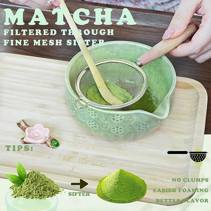 HAVIREST 10 pcs Matcha Whisk Set, Ceramic Bowl and Whisk Stand Spoon Holder Sifter Mat Towel, Japanese Ceremonial Grade Macha Tea Tool Kit, Gift for Women Match Starter Lover (Green)