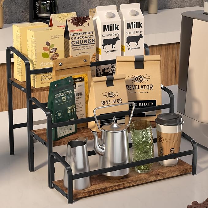 Coffee Syrup Rack,12 Bottle Capacity,3 Tier Coffee Bar Organizer,Kitchen Wine Rack,Coffee Station for Syrup, Wine Stand Shelf,Coffee Bar Accessories (Dark Brown Wood, Black)
