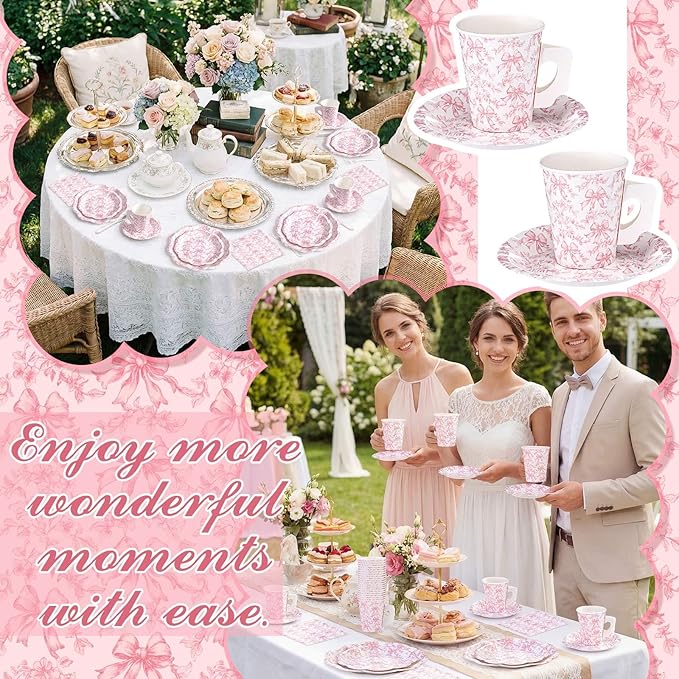 Pickmesh 252 Pcs Pink Bow Floral Tea Party Supplies for 36 Guests Flower Paper Disposable Dinnerware Flower Teacup with Handle and Saucers Set for Tea Party Decorations Birthday Baby Shower Wedding