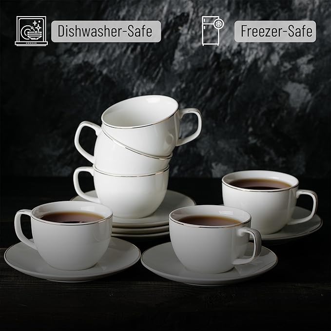 BTaT- Cappuccino Cups with Saucers 7 oz, Set of 6, White Porcelain Coffee Cup and Saucer Set for Latte with Golden Trim Design, Dishwasher Safe, Mocha, Tea, Au Lait, Flat White