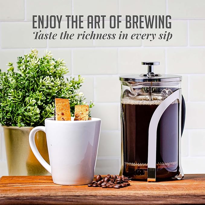 OVENTE French Press Coffee Maker, 27oz Heat Resistant Borosilicate Glass, BPA-Free Brewing Pot with 4-Level Filter System and Stainless Steel Plunger for Cold Brew Coffee, Tea and More, Clear FGC27T