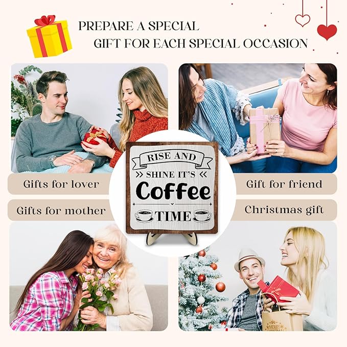 Coffee Bar Sign Plaque, Coffee Signs for Coffee Station, Vintage Coffee Sign Decor for Kitchen, Coffee Bar Accessories, Coffee Themed Gifts, Farmhouse Cafe Sign,Coffee & Tea Bar Decor Signs (Gray&Brown, 5.9x5.9inches)
