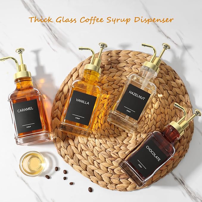Coffee Bar Accessories, Coffee Syrup Dispenser 16.9 fl oz/500ml, Glass Syrup Dispenser with Gold Pump Dispenser, Labels, Spoons for Coffee Bar, 4 Pack - Image 6