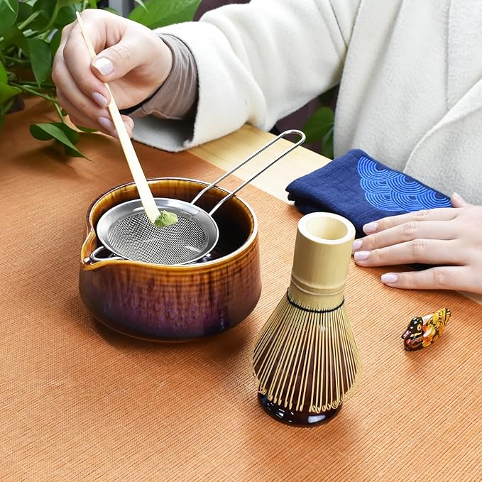 Artcome Matcha Tool Set - Complete Kit with Matcha Bowl with Spout, Bamboo Whisk, Tea Scoop, Whisk Holder, Scoop Holder, Tea Cloth & Powder Strainer, Red-Blue Glaze