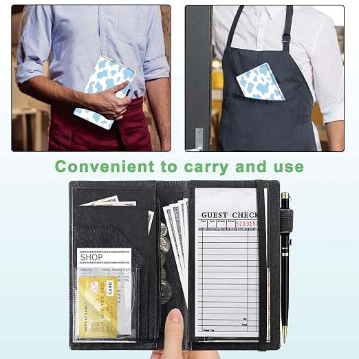 Server Books for Waitress, 5x9 Inch Waitstaff Server Order Pads, 11 Large Pockets, Cute PU Leather Waitress Book Server Wallet with Elastic Band Fit Server Apron,Blue Cow Prints - Image 4