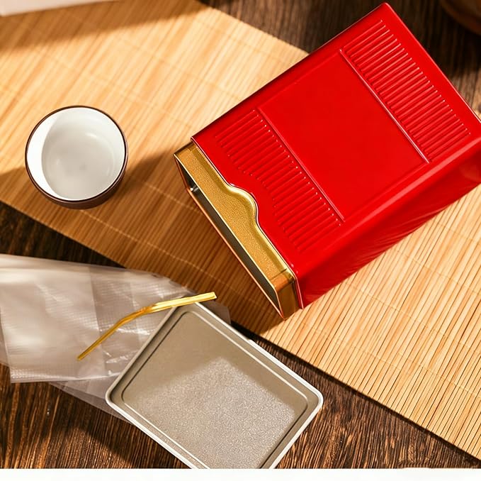 HAN SHENG Square Airtight Tea Tins - Red, Food Storage Containers for Loose Tea, Coffee, Spices (5.9"x3.4"x2.8")