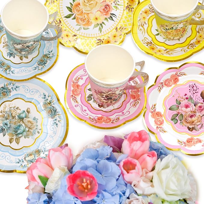 WorldBazaar Tea Party Supplies Floral Party Dinnerware 12 Set Paper Tea Cups and Saucers, Plates Napkins Tablecloth Birthday Table Decorations Girls Kids Adults Woman