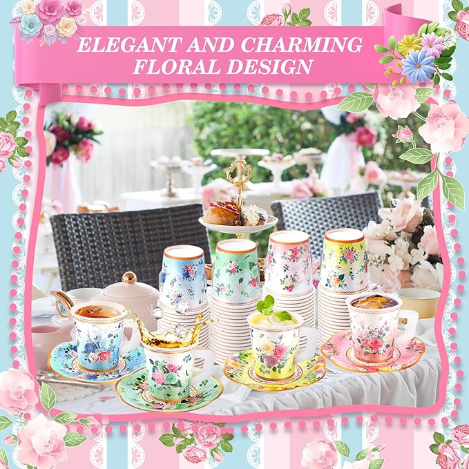 160 Pcs Floral Paper Tea Cups and Saucers 7 OZ Disposable Paper Tea Cups with Handle and Plates for Tea Party Decoration Birthday Baby Shower Bridal Wedding Mother's Day