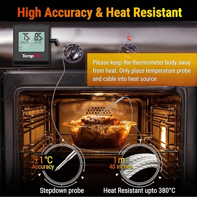 TempPro TP16 Large LCD Digital Meat Thermometer for Cooking, Smoking, Grilling, BBQ Food Temperature Indicator with Clock Timer and Stainless Steel Probe, Black(Previously ThermoPro)
