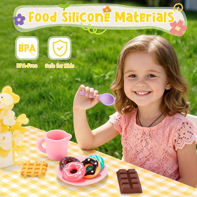 Silicone Tea Set for Toddlers, Tea Party Set for Little Girls, Kids Pretend Role Play Kitchen Toys, Toddler Girl Birthday Gifts Age 2-5 Year Old