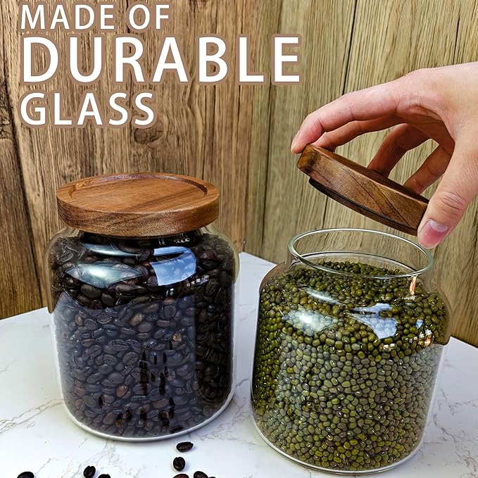 1PC Glass Storage Jars with Airtight Lids, 64 fl oz (1900ml) coffee container with Wooden Lid, Glass Pantry Canister for Beans, Rice, Sugar and etc