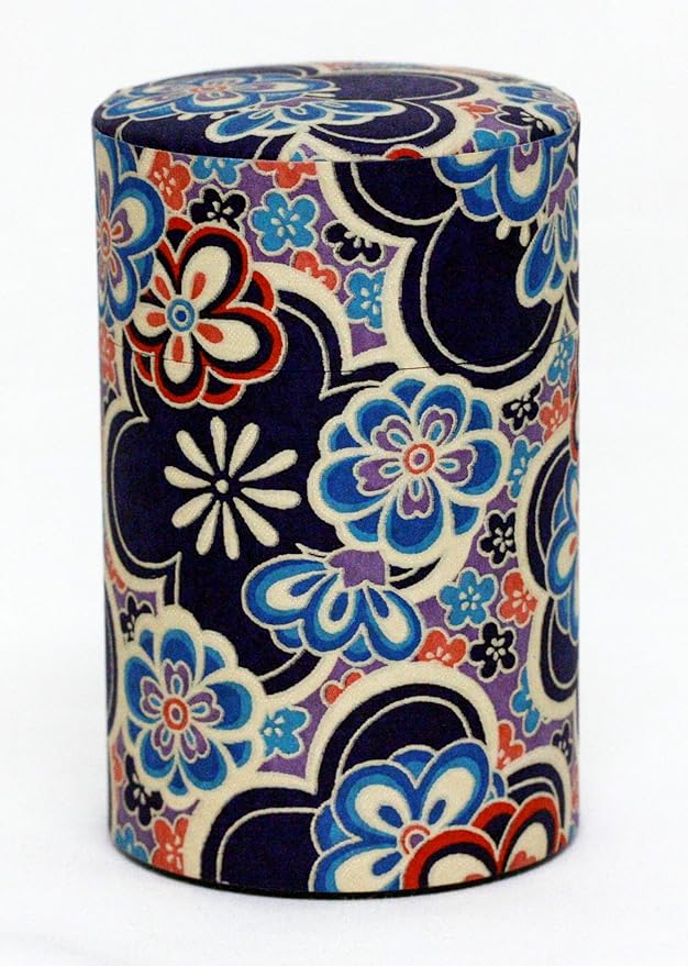Washi Paper Tea Tin Canister: Long 3.5oz (100g) Blue Plum-Blossoms Kimono (#112), Japan